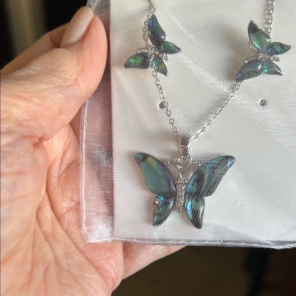 Silver Butterfly Pendant Necklace and Earrings Set in Iridescent Blue-Green